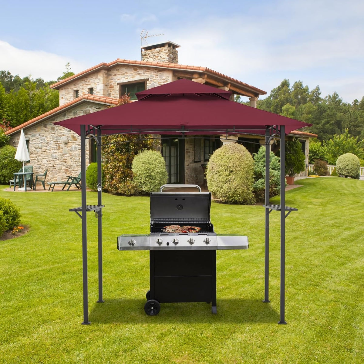YODOLLA 8' x 5' Outdoor-Grillpavillon mit Doppeldach, Weinrot