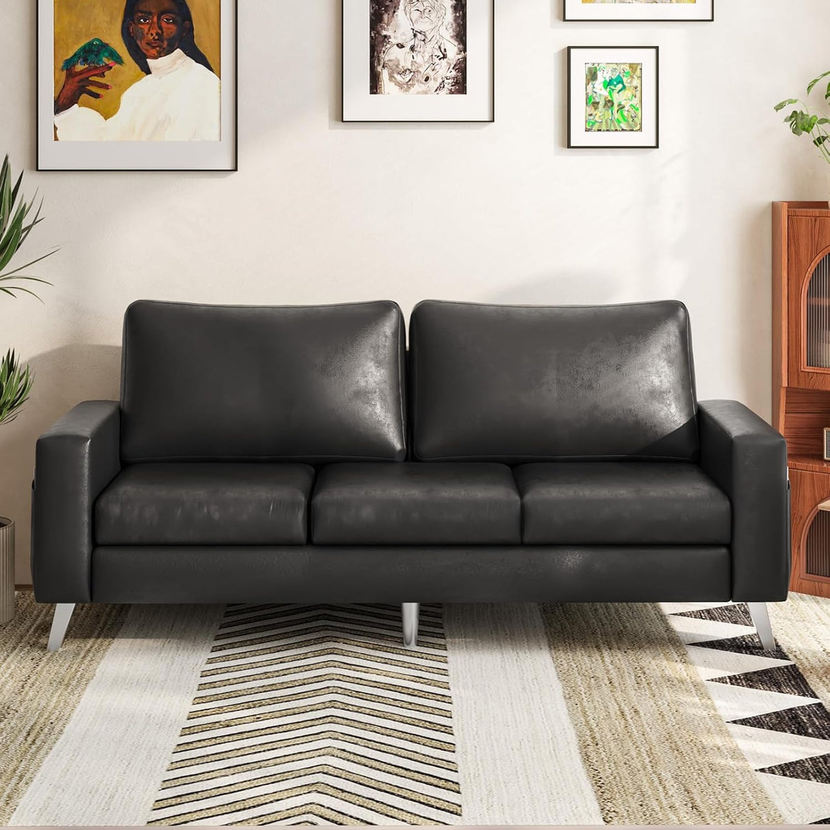 YODOLLA 3-Sitzer-Schlafsofa aus Kunstleder, 200 cm breit, schwarz