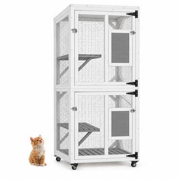 YODOLLA Katzenhaus-Außengehege mit wasserdichtes Dach & 3-stöckigem, Weiß