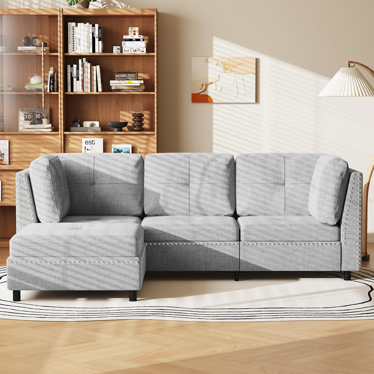 YODOLLA Ecksofa 225 cm L-förmiges Sofa mit verschiebbarem Hocker, Grau