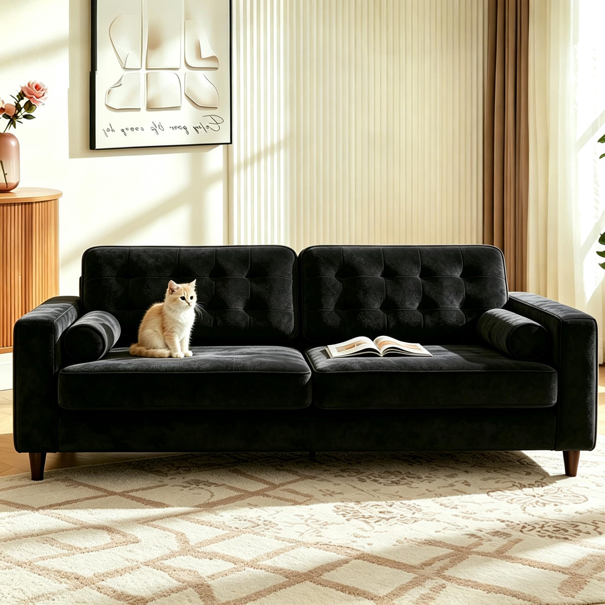 YODOLLA Sofa 3 Sitzer 208cm Schlafsofa Couch, Schwarz