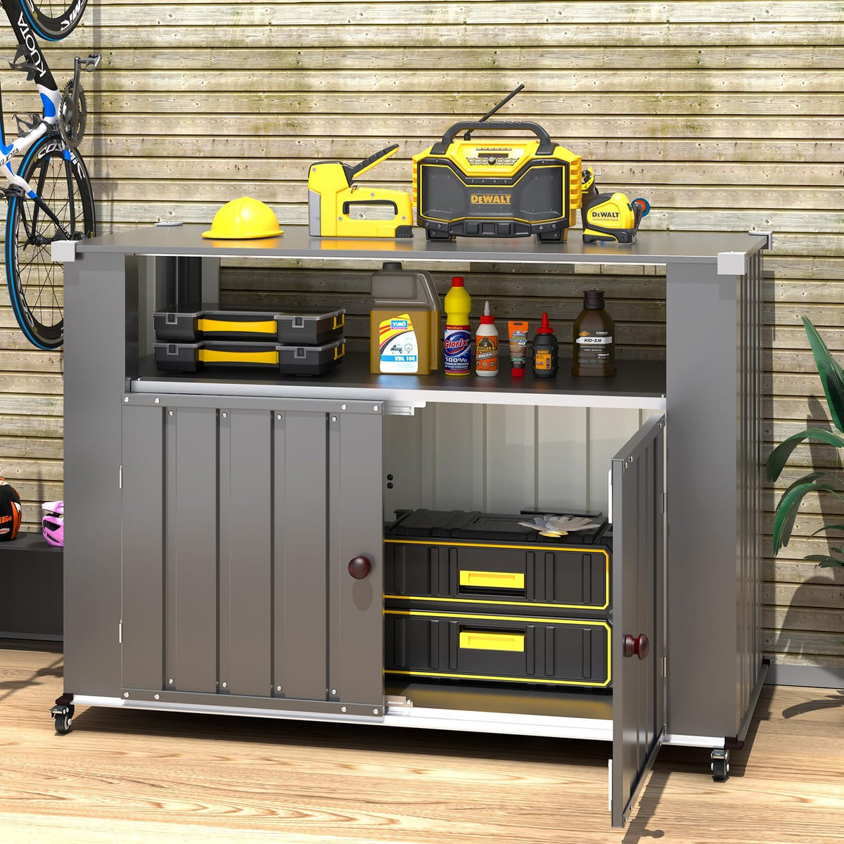 YODOLLA Grillwagen, Wetterfester Grilltisch mit Stauraumschrank, Grau