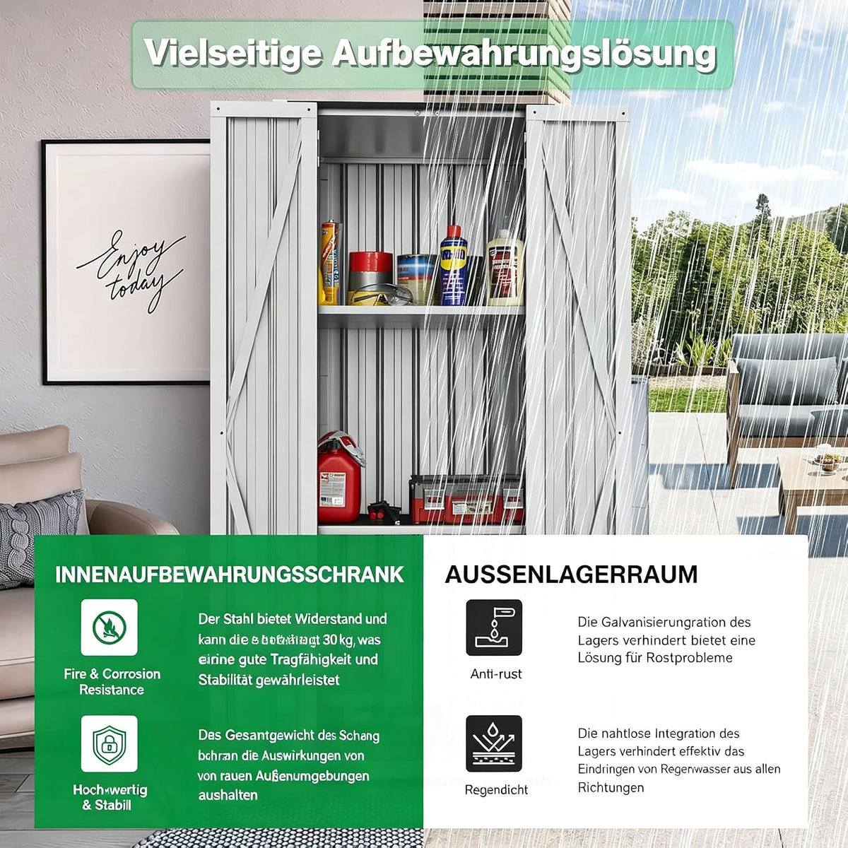 YODOLLA Gartenschrank, Metall Geräteschuppen Wetterfest, Weiß
