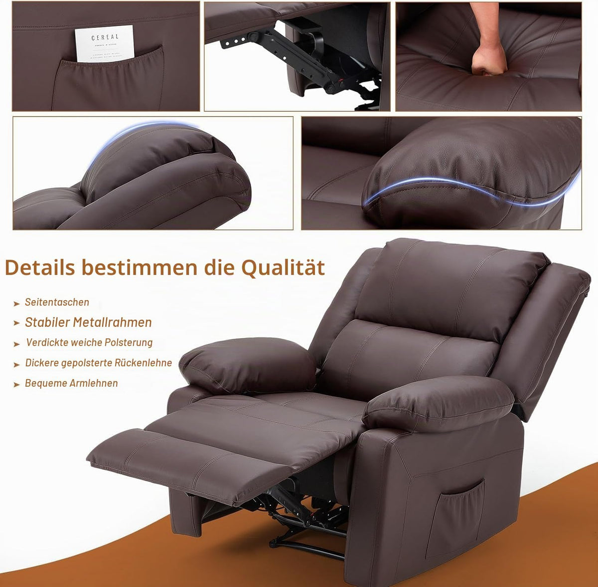 YODOLLA Relaxsessel, Ergonomisches Fernsehsessel mit Liegefunktion, Braun
