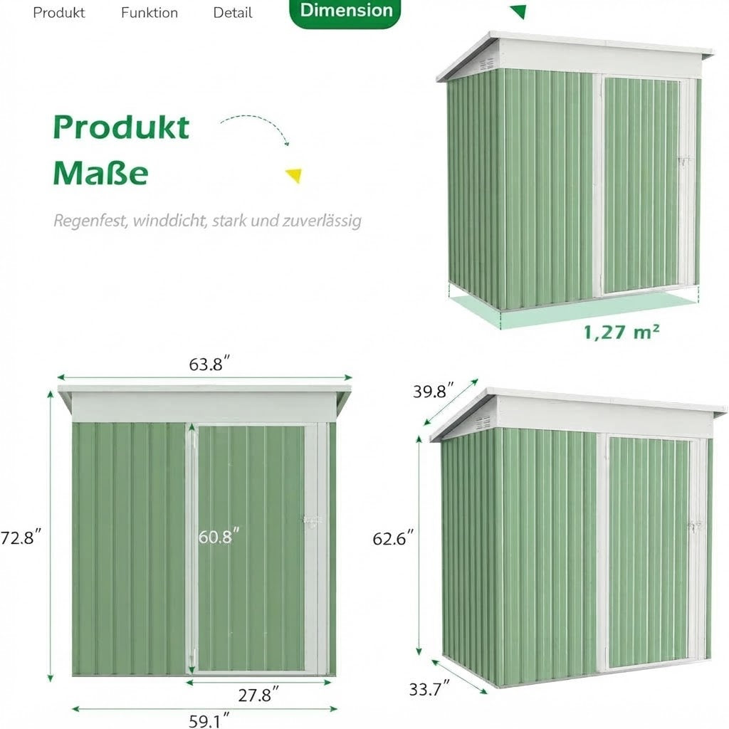 YODOLLA 3x5 Gartenschuppen aus Metall, stabil mit großer abschließbarer Tür, Grün