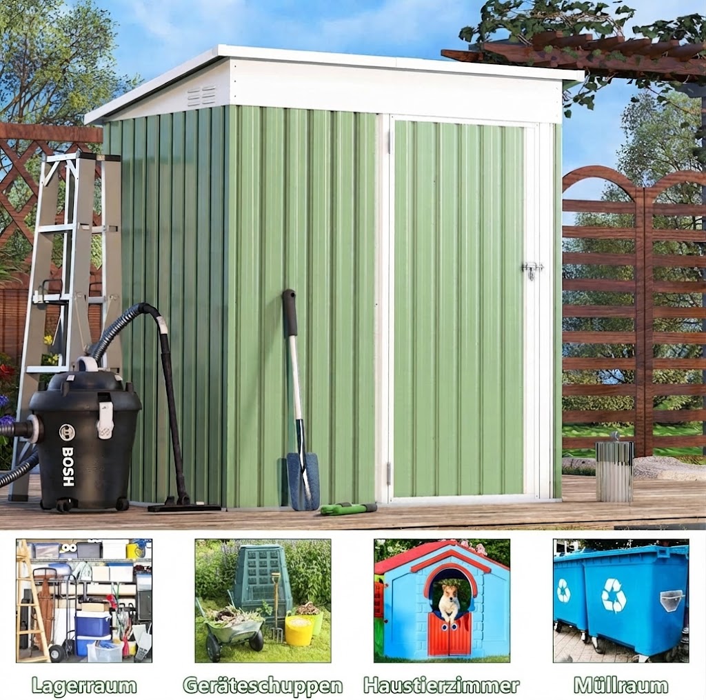 YODOLLA 3x5 Gartenschuppen aus Metall, stabil mit großer abschließbarer Tür, Grün