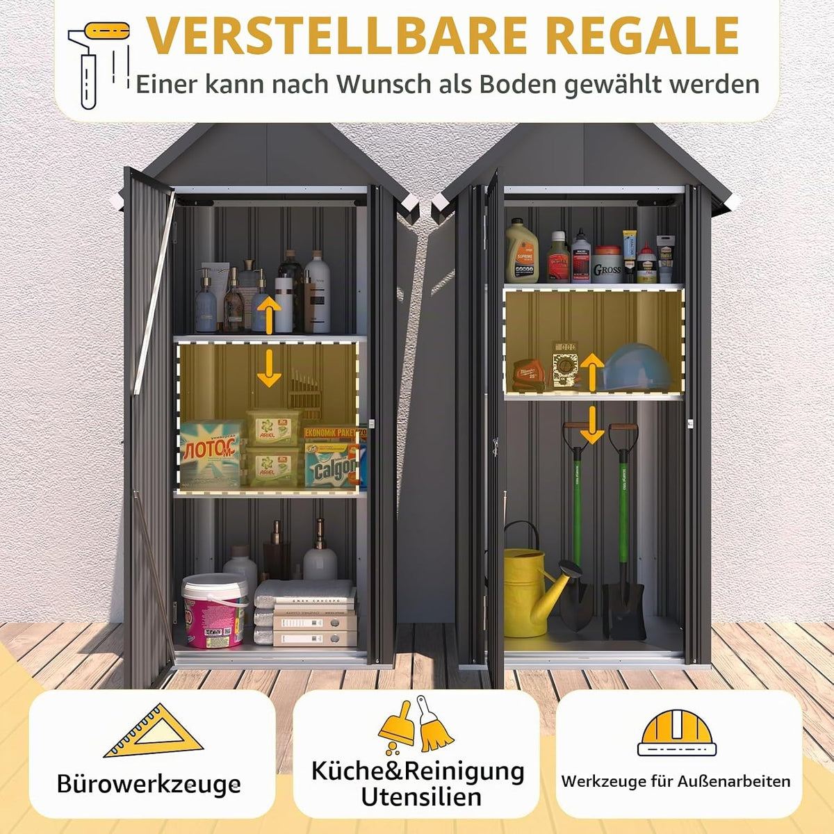 YODOLLA Metall Gartenschrank, Geräteschuppen mit Sockel & Schloss, Grau