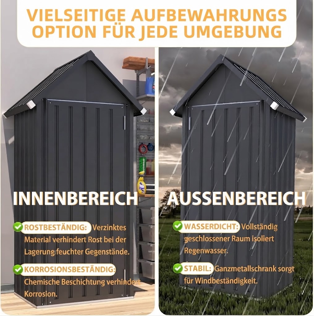 YODOLLA Metall Gartenschrank, Geräteschuppen mit Sockel & Schloss, Grau