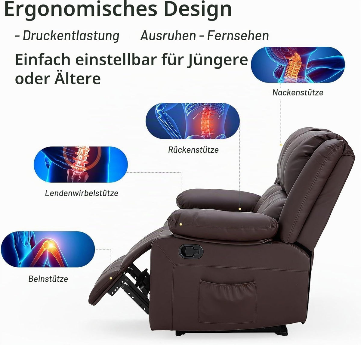 YODOLLA Relaxsessel, Ergonomisches Fernsehsessel mit Liegefunktion, Braun