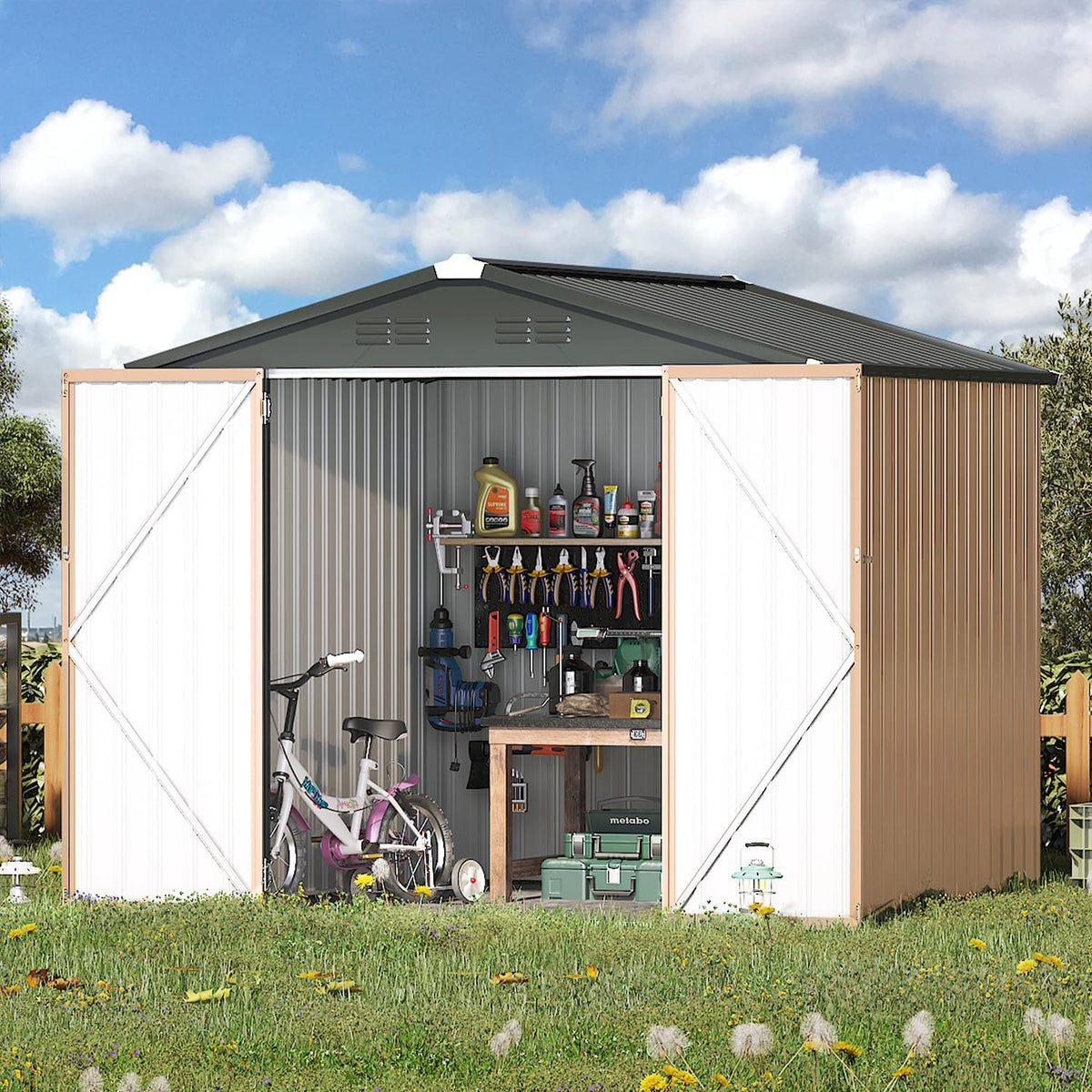 YODOLLA 7' x 7' Gerätehaus aus Metall, abschließbar für Garten, Terrasse & Hof