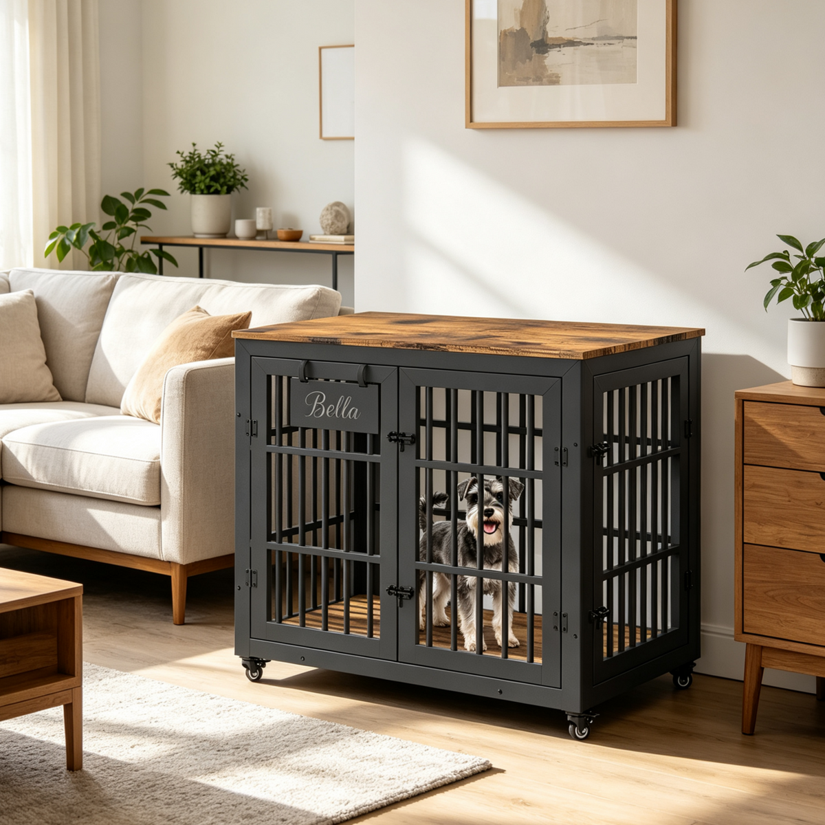 YODOLLA 83cm Hundekäfig Möbel, Hundebox mit Namensschild, 2 Türen, Braun