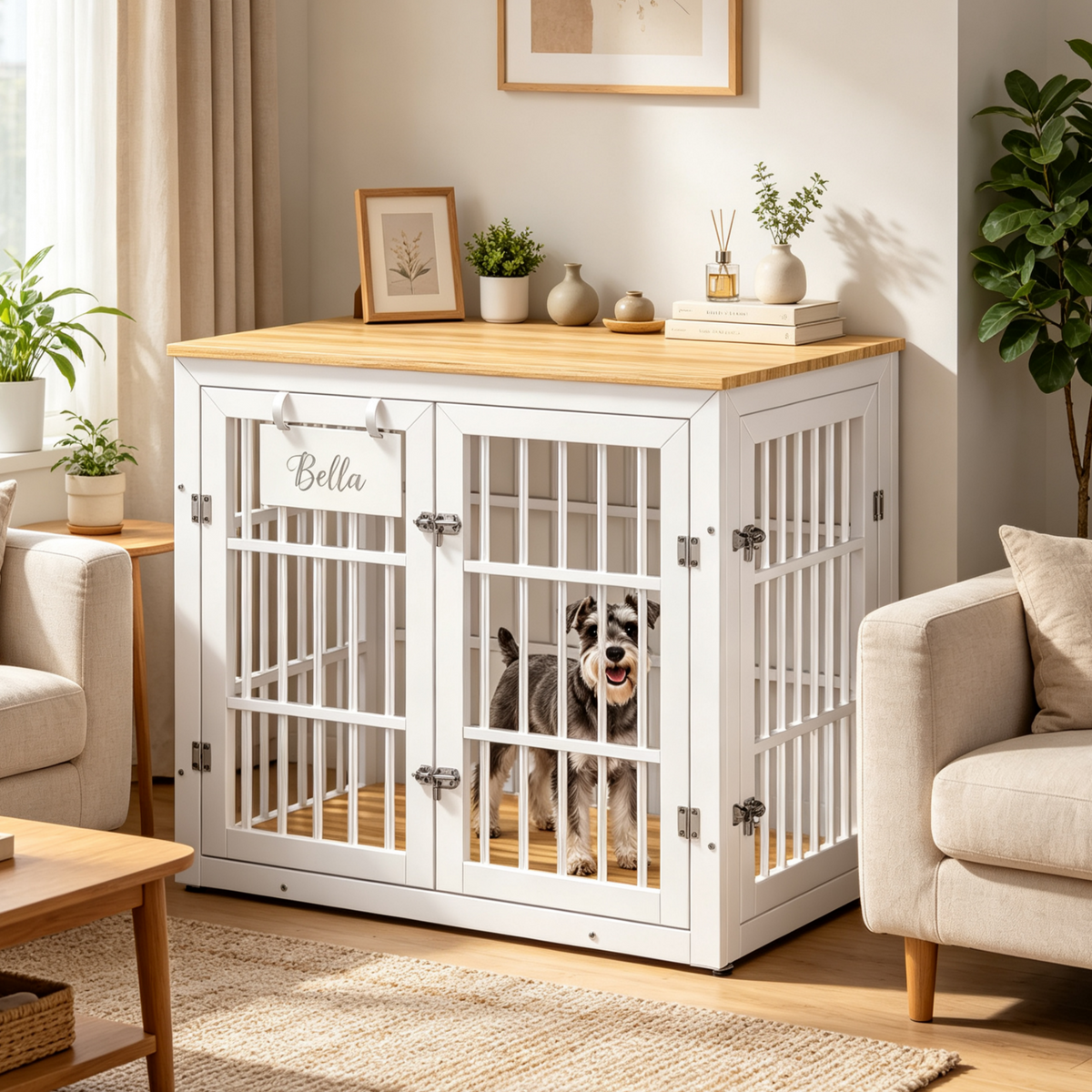YODOLLA 83cm Hundekäfig Möbel, Hundebox mit Namensschild, 2 Türen, Weiß
