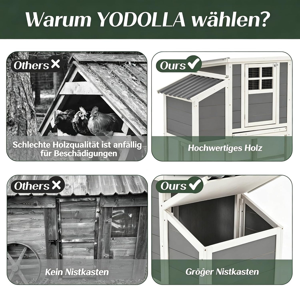 YODOLLA 98 Zoll extra großer Hühnerstall aus Holz mit 4 Nistkästen