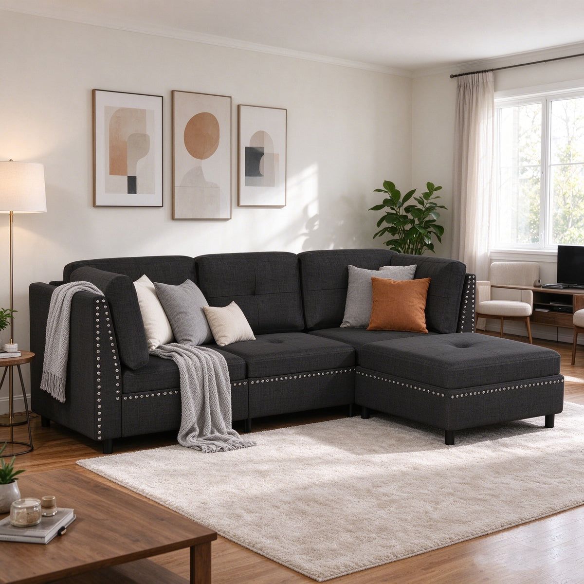 YODOLLA Ecksofa 225cm, L-Form Sofa mit Beweglichem Hocker, Schwarz