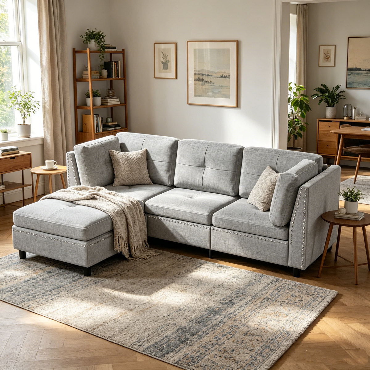 YODOLLA Ecksofa 225 cm L-förmiges Sofa mit verschiebbarem Hocker, Grau