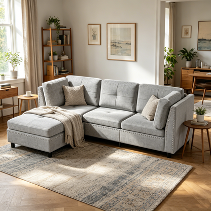 YODOLLA Ecksofa 225 cm L-förmiges Sofa mit verschiebbarem Hocker, Grau