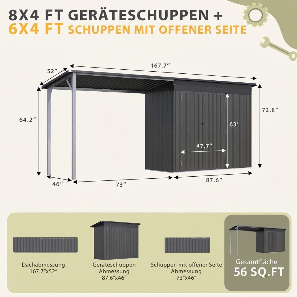 YODOLLA 8x4 FT Außen-Schuppen & Pavillon-Kombination mit Hartdach