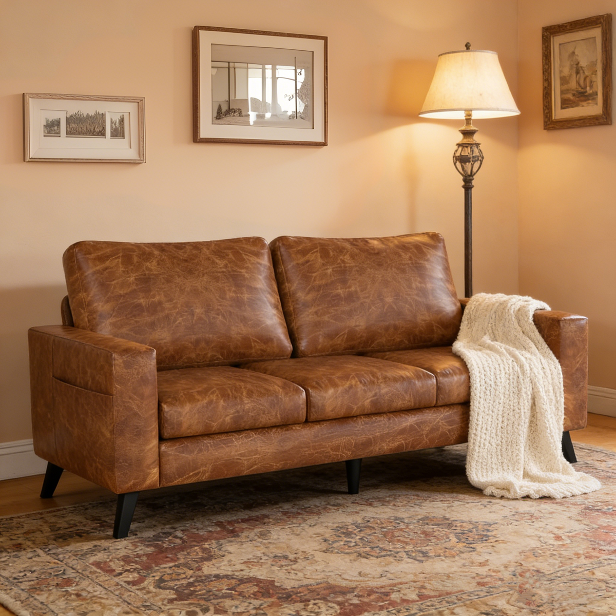 YODOLLA 3-Sitzer-Schlafsofa aus Kunstleder, 200 cm breit, braun