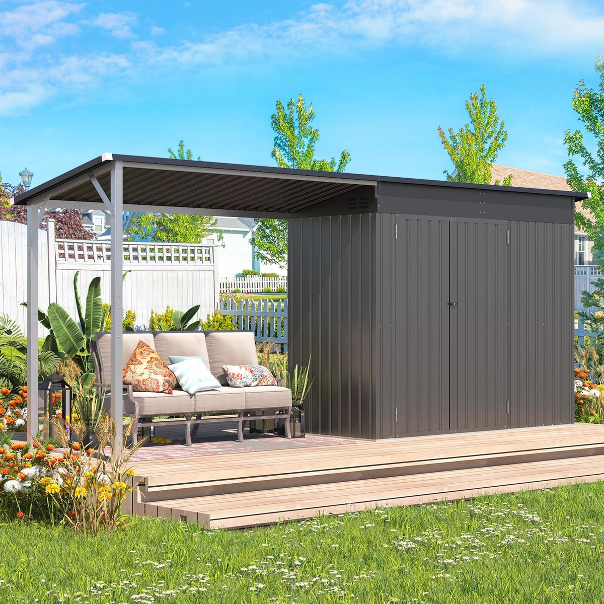 YODOLLA 8x4 FT Außen-Schuppen & Pavillon-Kombination mit Hartdach