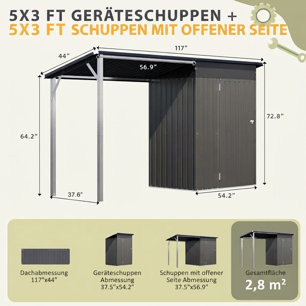 YODOLLA 5x3 FT Außen-Schuppen & Pavillon-Kombination mit Hartdach