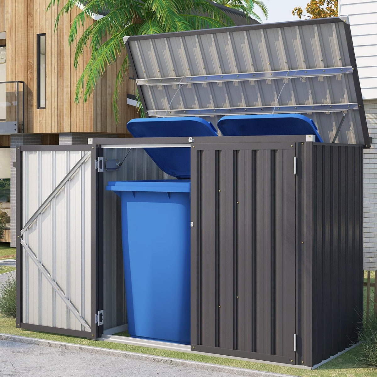 YODOLLA Mülltonnenbox 2er mit Gasdruckfeder, Metall Gartenschrank, Grau