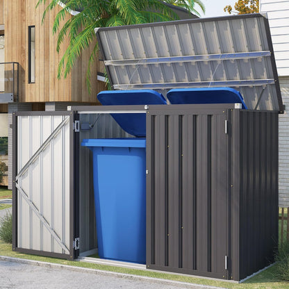 YODOLLA Mülltonnenbox 2er mit Gasdruckfeder, Metall Gartenschrank, Grau