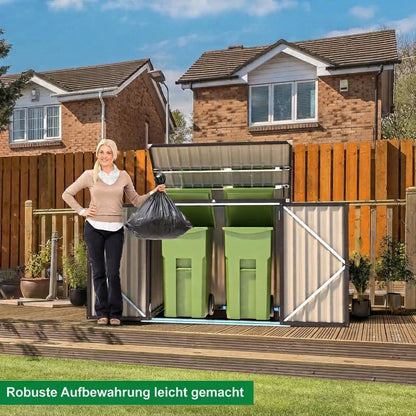 YODOLLA Mülltonnenbox 2er mit Gasdruckfeder, Metall Gartenschrank, Grau