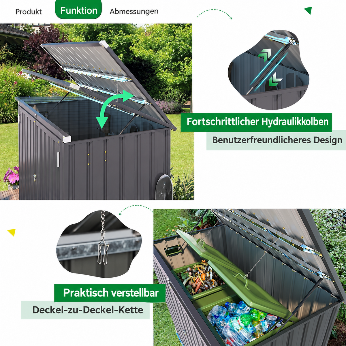 YODOLLA Mülltonnenbox 2er mit Gasdruckfeder, Metall Gartenschrank, Grau
