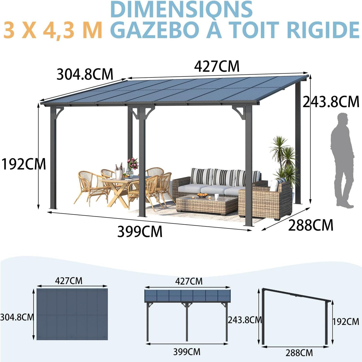 YODOLLA 4,3 × 3 m Terrassenüberdachung für Garten, Schwarz