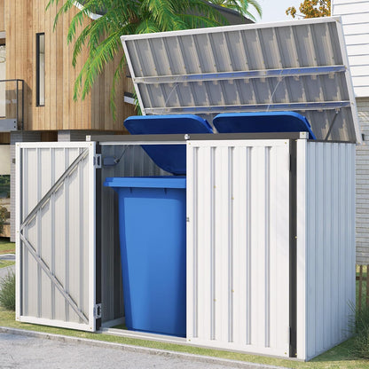 YODOLLA Mülltonnenbox 2er, Metall Gartenschrank mit Gasdruckfeder, Weiß