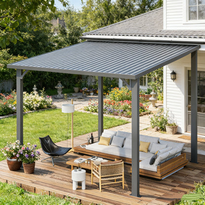 YODOLLA Pergola 10'x8' Hardtop wandmontierter Pultdach-Pavillon für Terrasse, Dunkelgrau