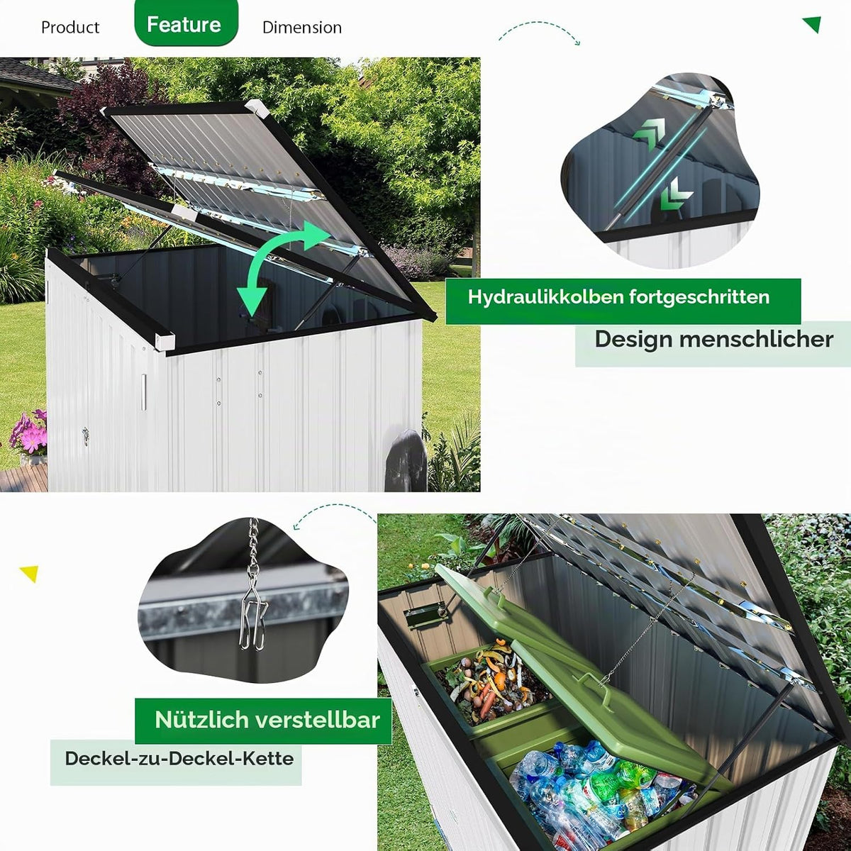 YODOLLA Mülltonnenbox 2er, Metall Gartenschrank mit Gasdruckfeder, Weiß