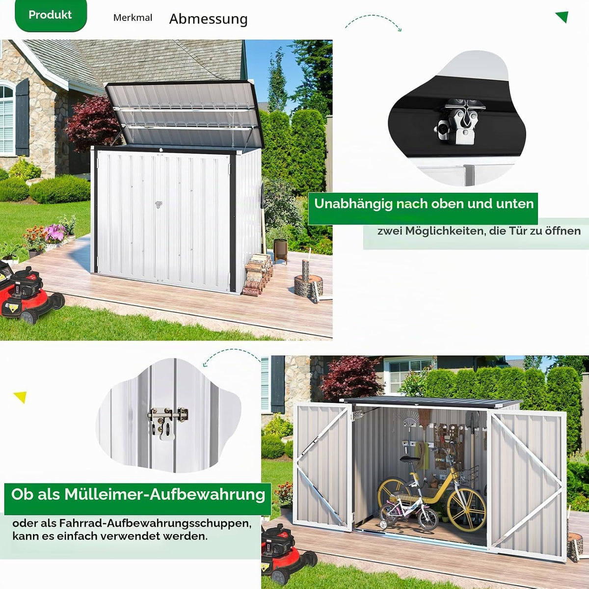 YODOLLA Mülltonnenbox 2er, Metall Gartenschrank mit Gasdruckfeder, Weiß