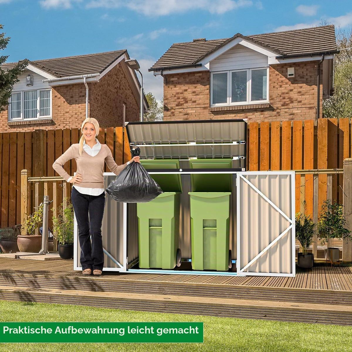YODOLLA Mülltonnenbox 2er, Metall Gartenschrank mit Gasdruckfeder, Weiß