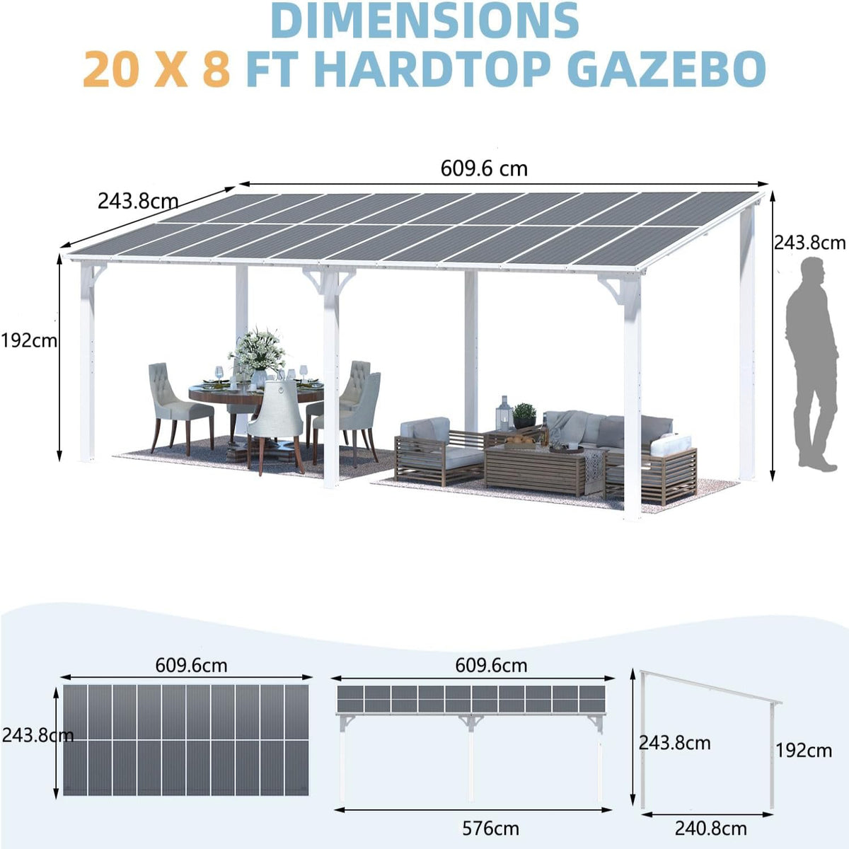 YODOLLA 6 x 2,4 m Terrassenüberdachung für Garten, Weiß