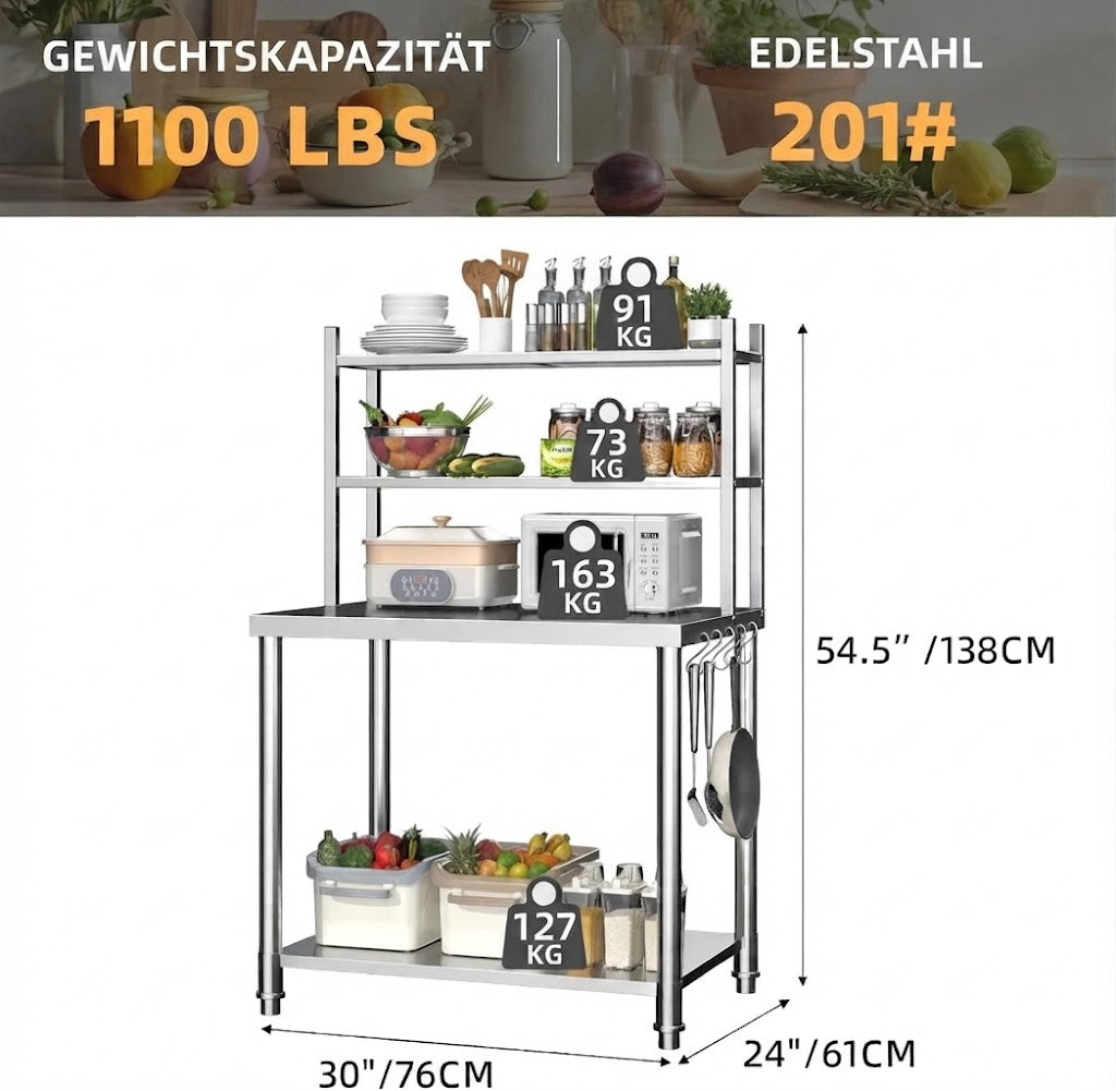 YODOLLA Edelstahl-Arbeitstisch, 2 Ebenen, für die gewerbliche Lebensmittelzubereitung, 76 × 60 × 138 cm