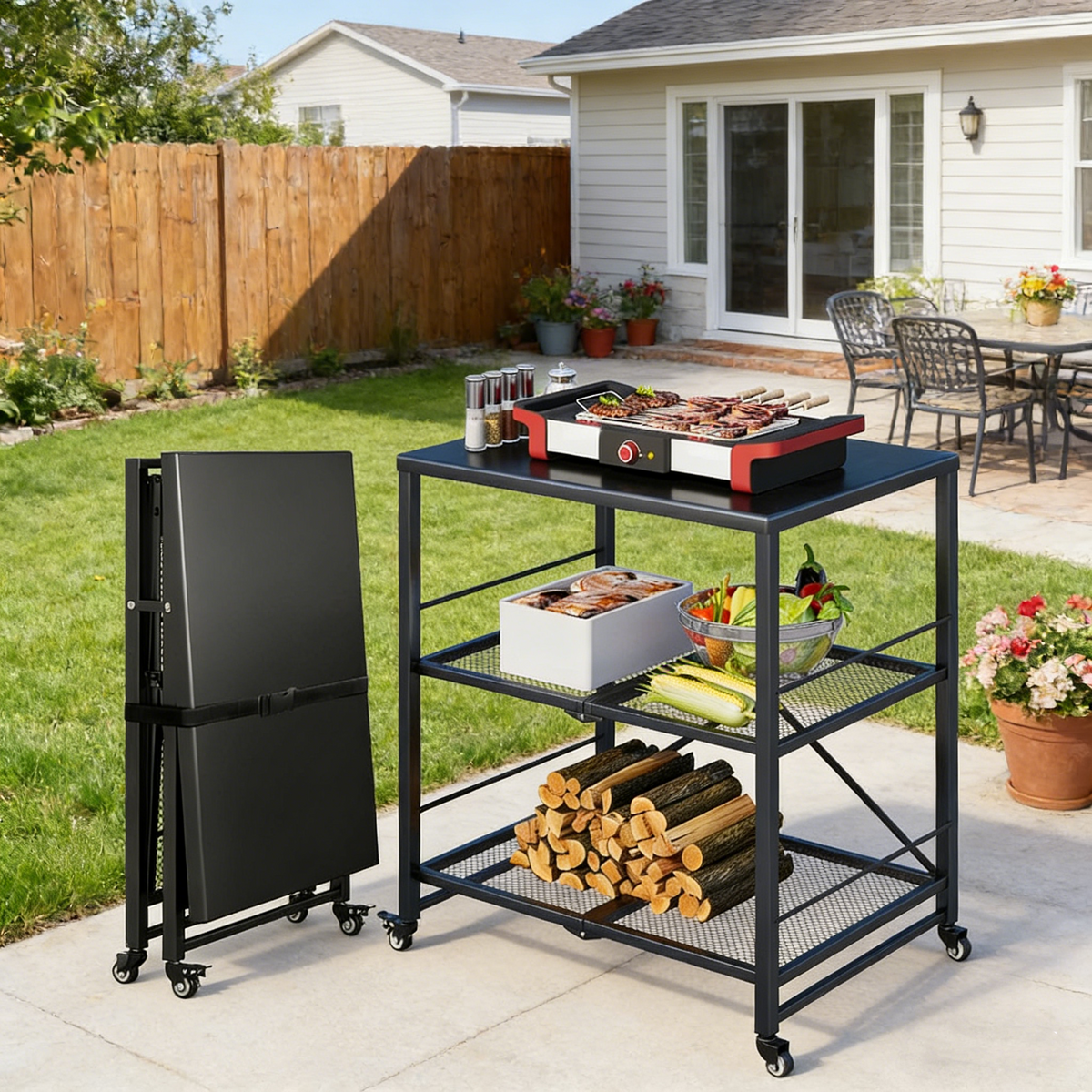 YODOLLA Grillwagen Outdoor – 3-stufiger Gartenwagen, Schwarz