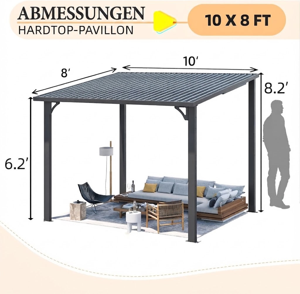 YODOLLA Pergola 10'x8' Hardtop wandmontierter Pultdach-Pavillon für Terrasse, Dunkelgrau