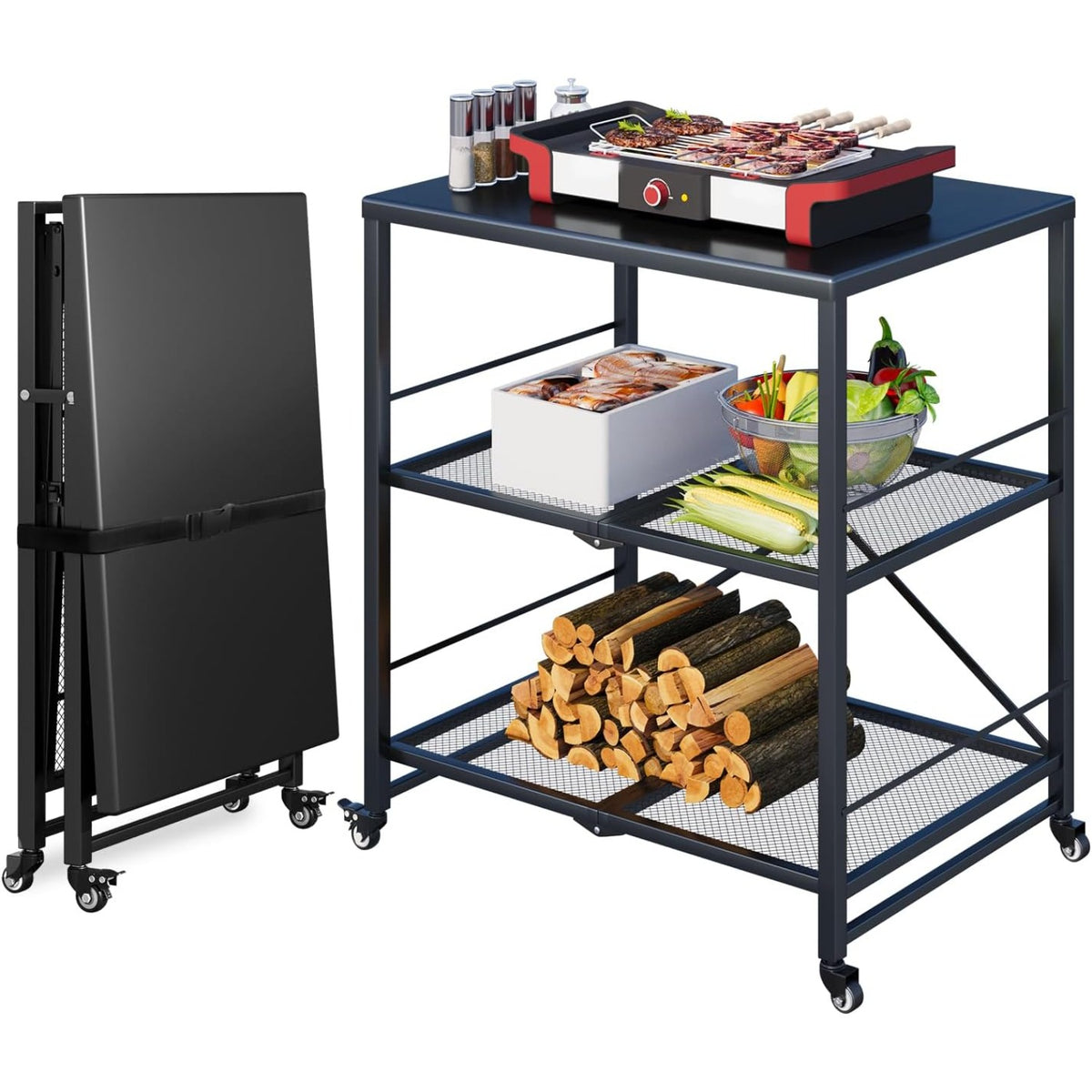 YODOLLA Grillwagen Outdoor – 3-stufiger Gartenwagen, Schwarz