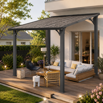 YODOLLA Pergola 10'x8' Hardtop wandmontierter Pultdach-Pavillon für Terrasse, Dunkelgrau