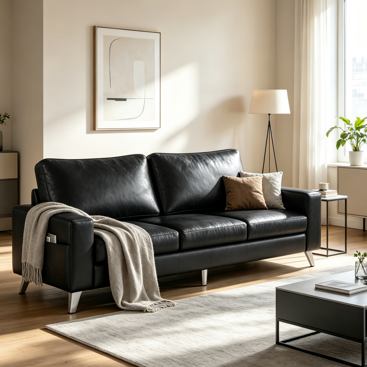 YODOLLA 3-Sitzer-Schlafsofa aus Kunstleder, 200 cm breit, schwarz