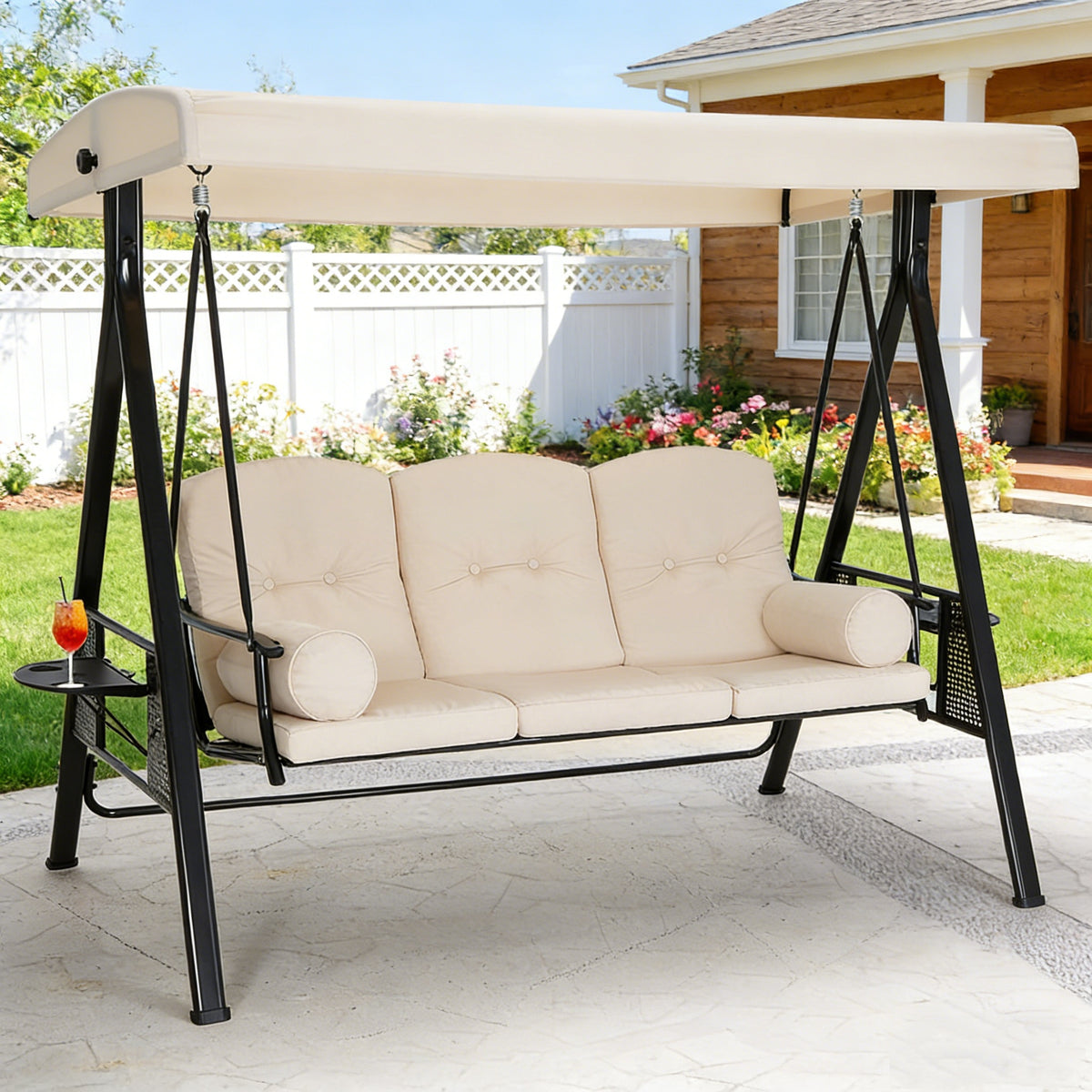 YODOLLA 3‑Sitzer Gartenschaukel mit Sonnendach & Polstern, Beige