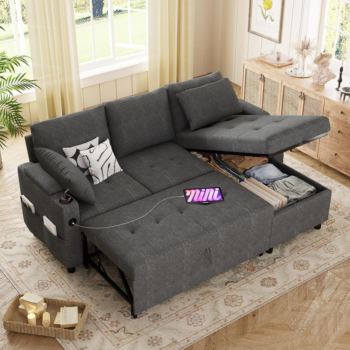 YODOLLA Ecksofa mit Bettfunktion und Stauraum, L-Form-Sofa, Dunkelgrau