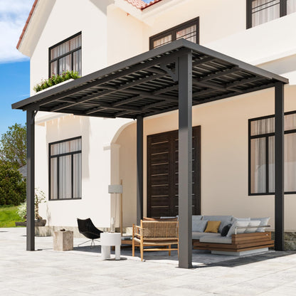 YODOLLA Pergola 10'x8' Hardtop wandmontierter Pultdach-Pavillon für Terrasse, Dunkelgrau