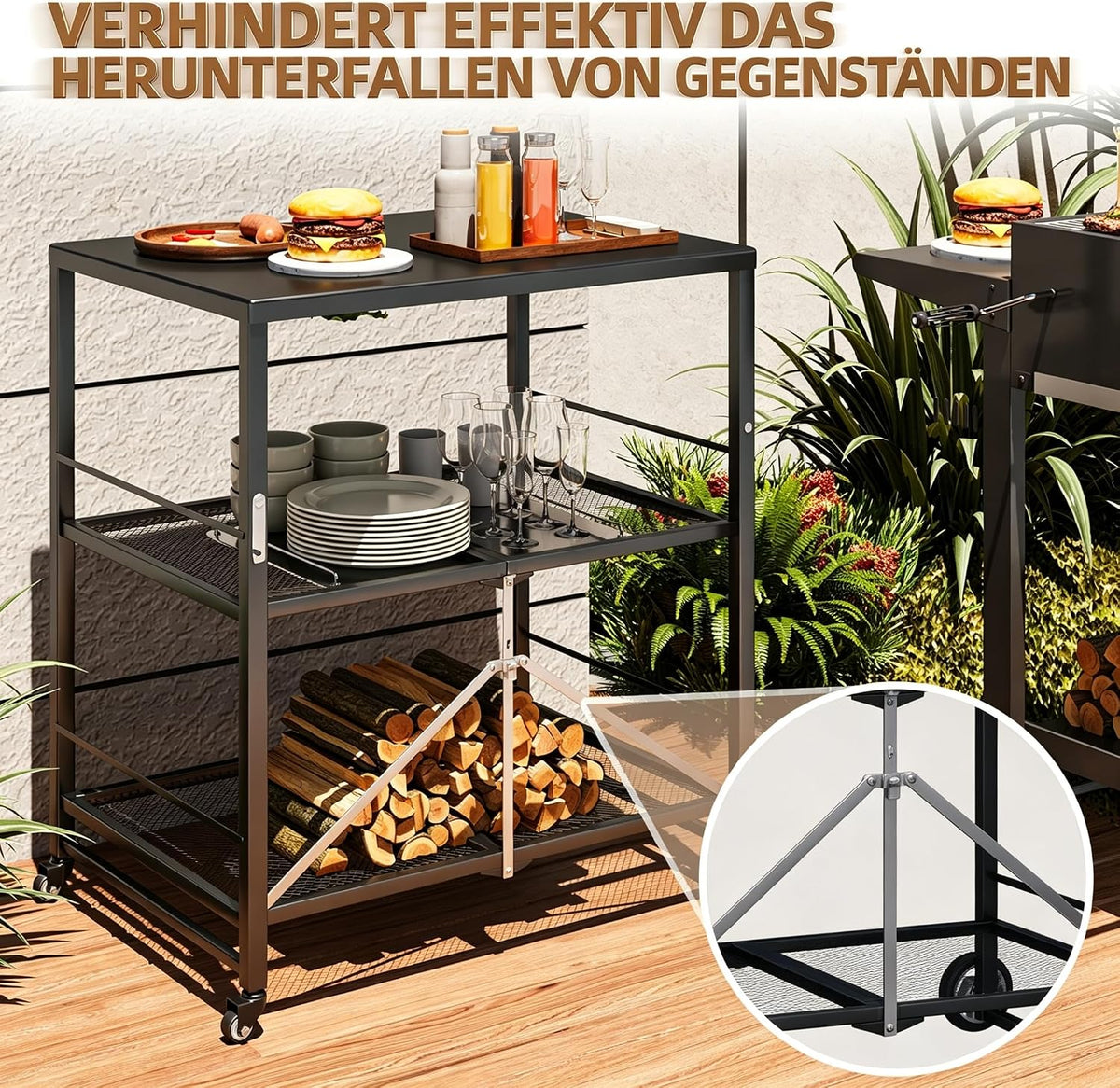 YODOLLA Grillwagen Outdoor – 3-stufiger Gartenwagen, Schwarz