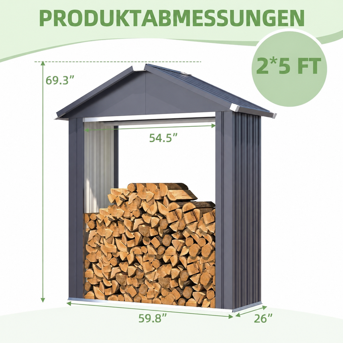 YODOLLA 2×5 FT Outdoor-Brennholzregal, wetterfester Holzunterstand aus Metall, Grau