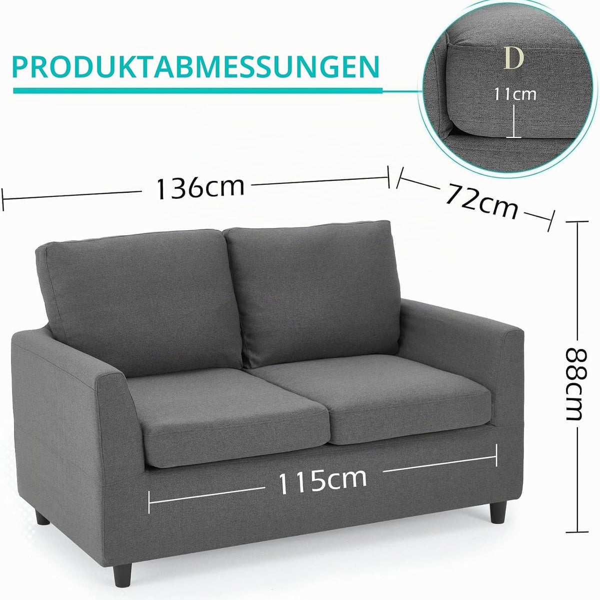 YODOLLA 2 Sitzer Sofa, kleine Sofa mit schlaffunktion, Dunkelgrau