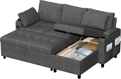 YODOLLA Ecksofa mit Bettfunktion und Stauraum, L-Form-Sofa, Dunkelgrau
