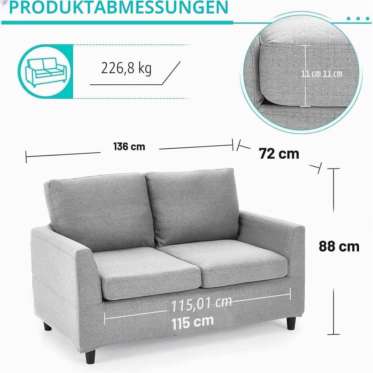 YODOLLA 2 Sitzer Sofa, kleine Sofa mit schlaffunktion, Hellgrau