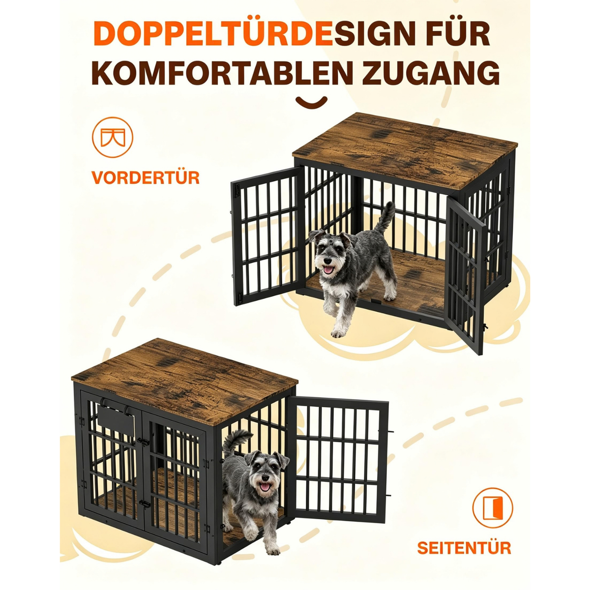 YODOLLA 83cm Hundekäfig Möbel, Hundebox mit Namensschild, 2 Türen, Braun
